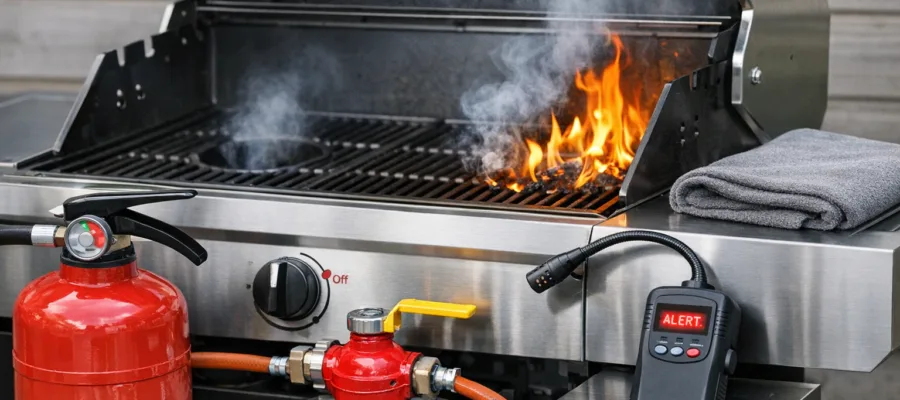 Gasgrill Flamme loeschen und Notfallmassnahmen bei Gasgeruch oder Feuer