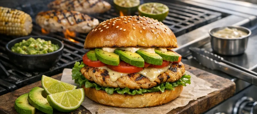 Haehnchenburger vom Gasgrill mit Avocado und Limette