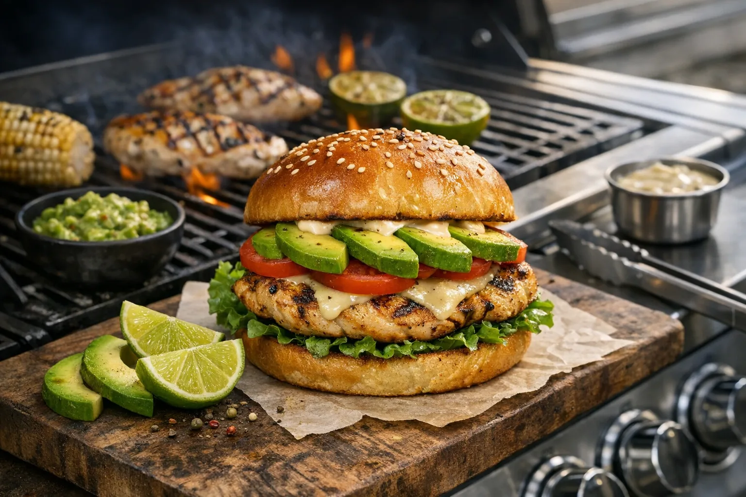 Haehnchenburger vom Gasgrill mit Avocado und Limette
