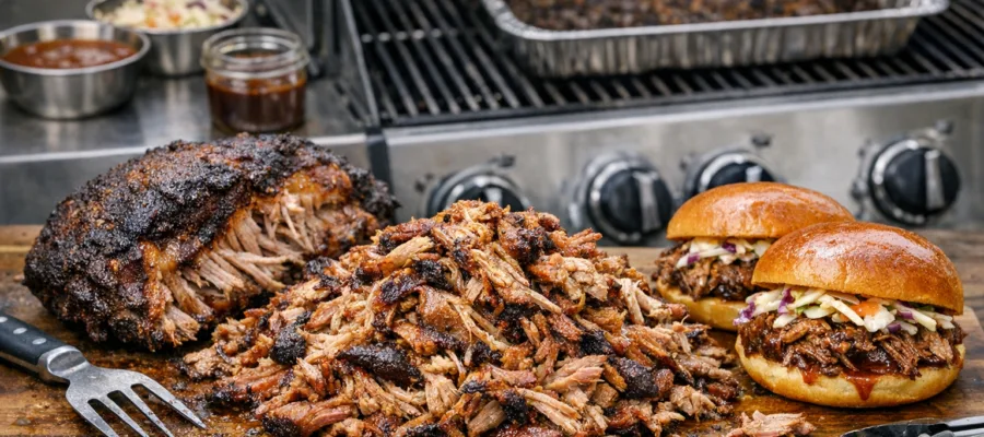 Pulled Pork vom Gasgrill langsam gegart fuer Sandwiches