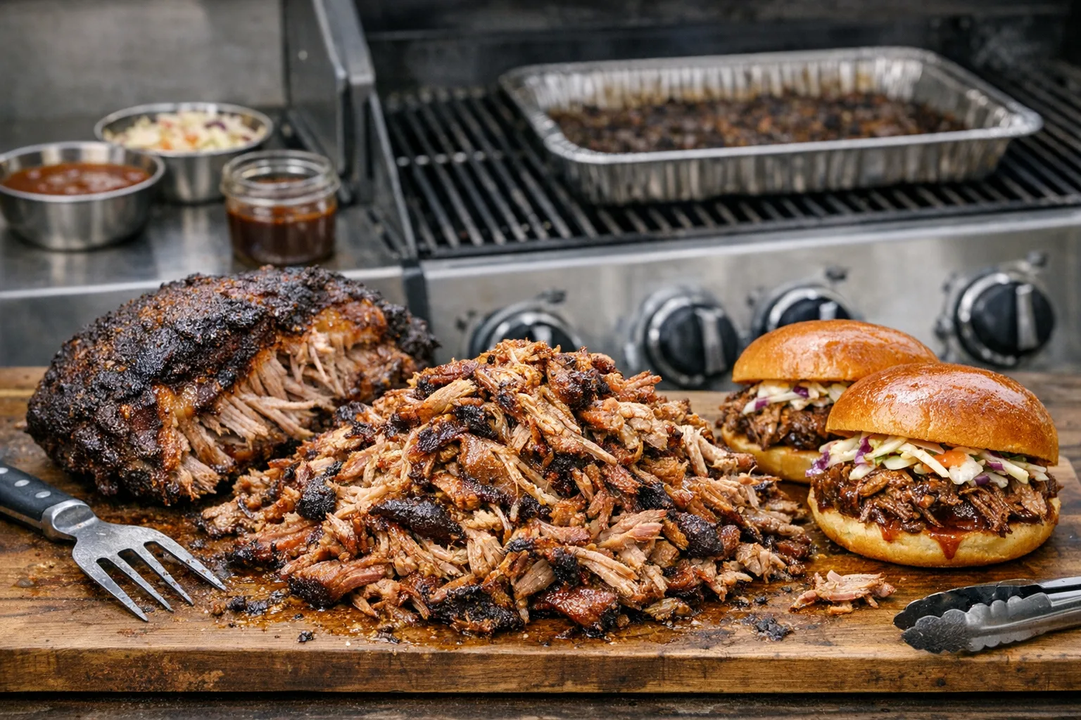 Pulled Pork vom Gasgrill langsam gegart fuer Sandwiches