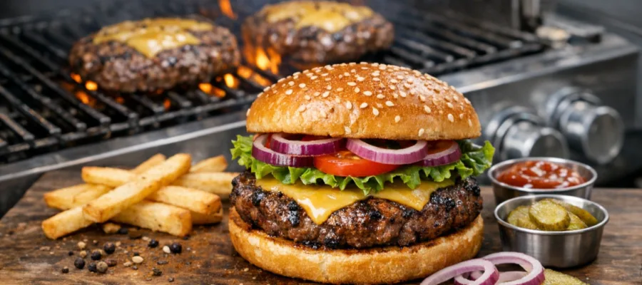 Rindfleisch-Burger vom Gasgrill klassisch zubereitet