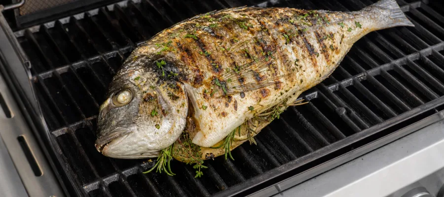 Dorade vom Gasgrill ganz gegrillt mit Kraeutern