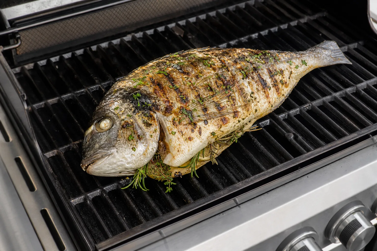 Dorade vom Gasgrill ganz gegrillt mit Kraeutern